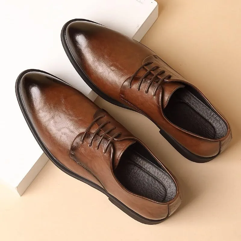 Mens Leather Shoes Formal Wedding Fashion Classic Pointed Toe Lace Up Low Top Leather Dress Shoes Casual Faux Patent Derby Shoe