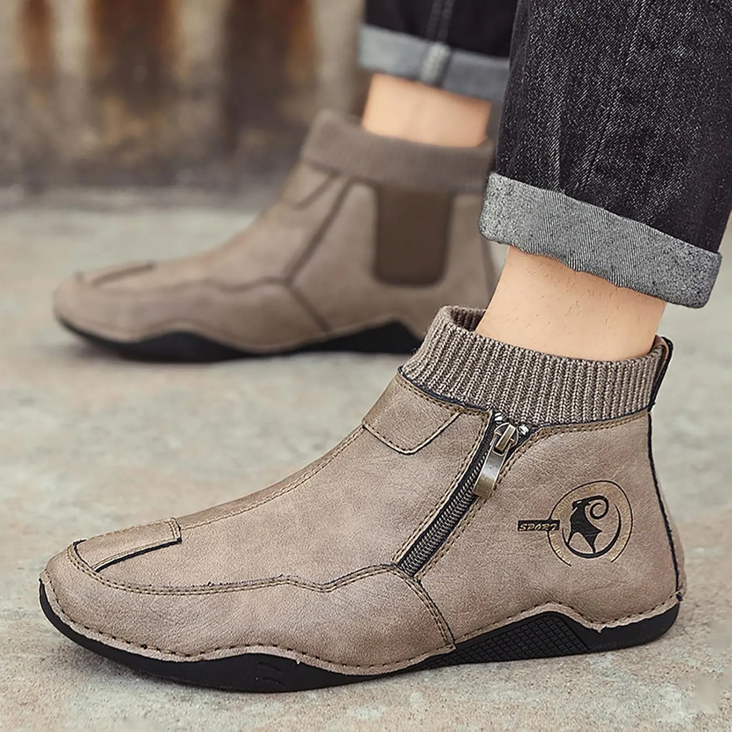 Men's Snow Boots Waterproof Warm Furry Lined Knit Calf Winter Boots Zipper Cold-Weather Non-Slip Ankle Boots Comfortable Slip on Hiking Walking Shoes Sneakers