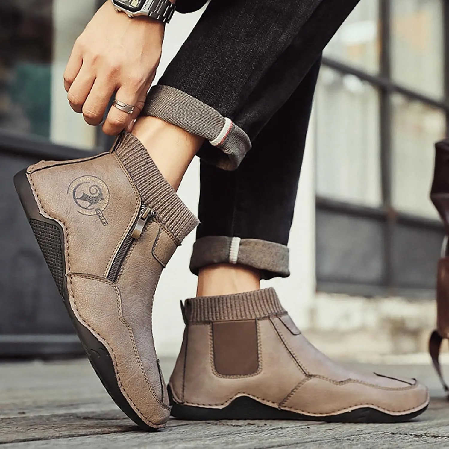 Men's Snow Boots Waterproof Warm Furry Lined Knit Calf Winter Boots Zipper Cold-Weather Non-Slip Ankle Boots Comfortable Slip on Hiking Walking Shoes Sneakers