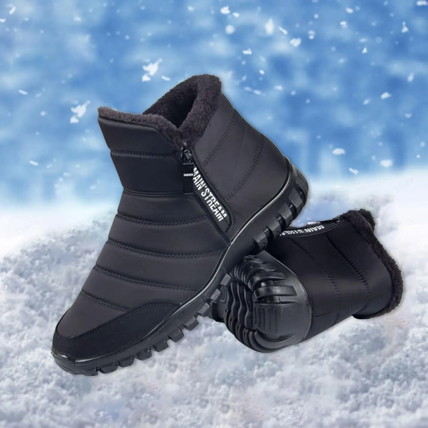 Mens Snow Boots Waterproof Warm Furry Lined Winter Boots Side Zipper Cold-Weather Non-Slip Ankle Boots Comfortable Slip on Hiking Walking Shoes Sneakers