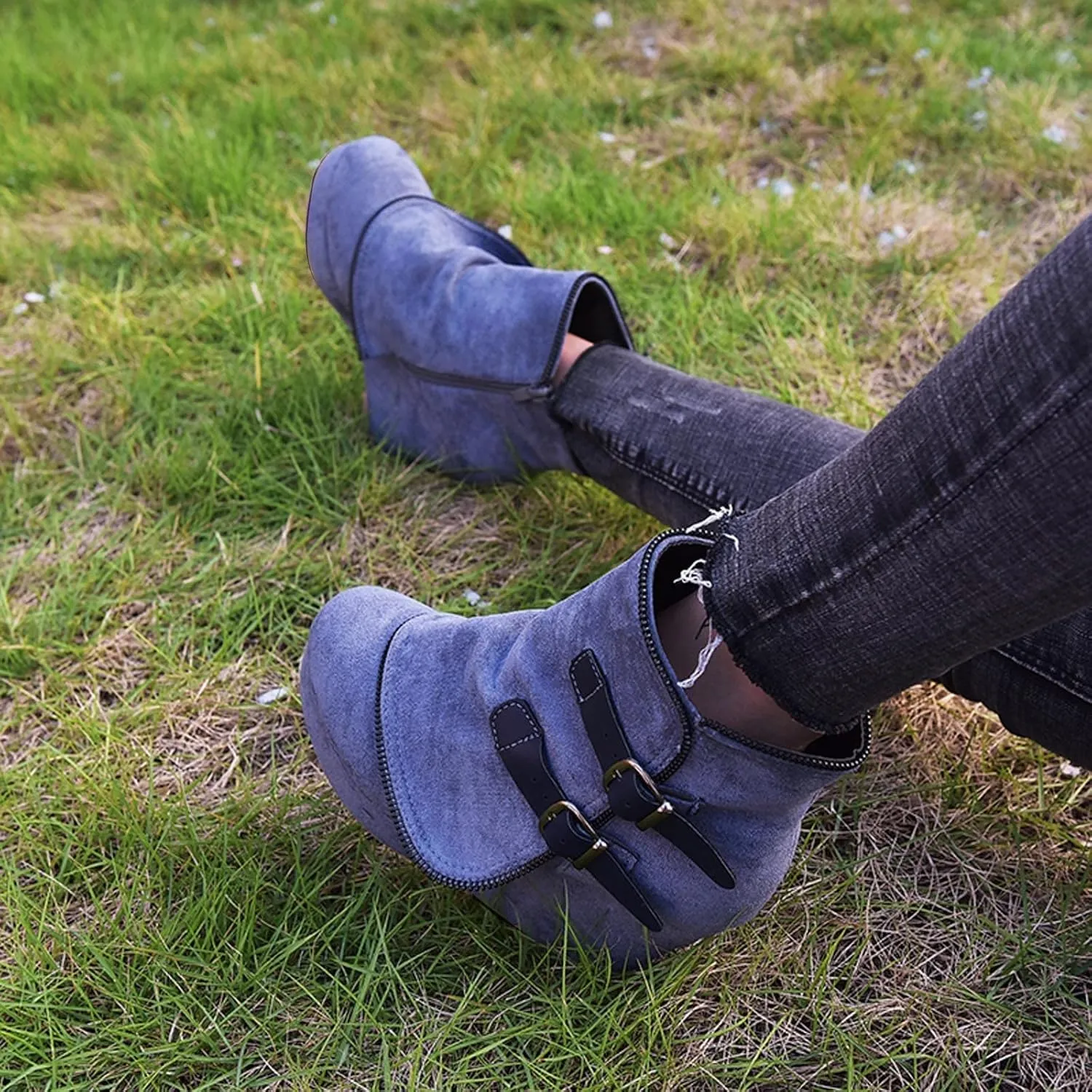 Mid Calf Boots for Women Low Hee Winter Boots Round Toe Solid Color Suede Slope Heel Retro Buckle Waterproof Boots