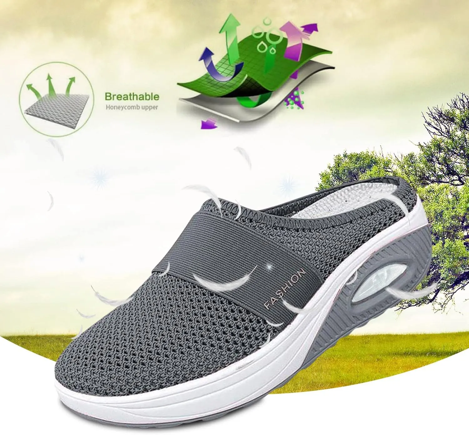 Orthopedic Mesh Mules for Women Backless Slip On Walking Sneakers Arch Support Air Cushion Slip on Casual Mens Shoes