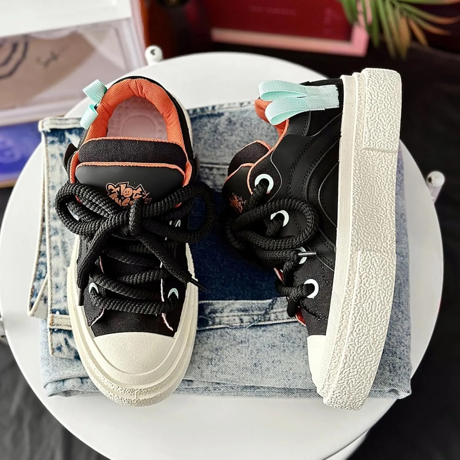Preppy Chunky Sneakers Men Women, Platform Couple Shoes, Oversized Laces, Height Boost, Y2K Hip Hop JK Streetwear Skate