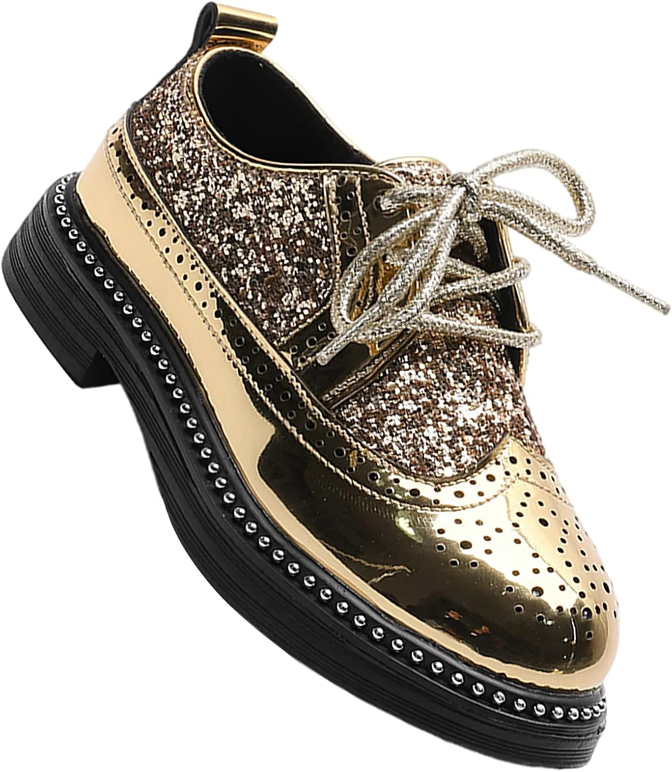 rismart Shiny Sequin Lace-up Oxfords for Boys & Girls Wingtip Brogue Dress Shoes for School Wedding Birthday Party