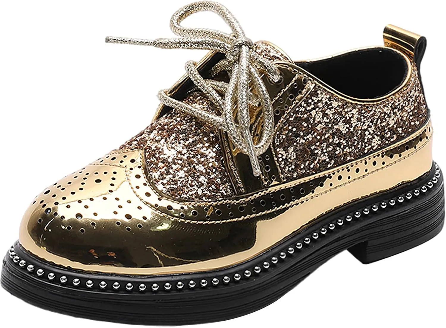 rismart Shiny Sequin Lace-up Oxfords for Boys & Girls Wingtip Brogue Dress Shoes for School Wedding Birthday Party