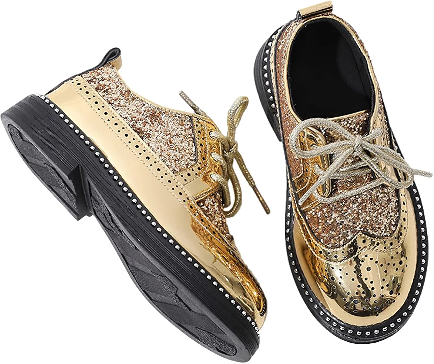 rismart Shiny Sequin Lace-up Oxfords for Boys & Girls Wingtip Brogue Dress Shoes for School Wedding Birthday Party