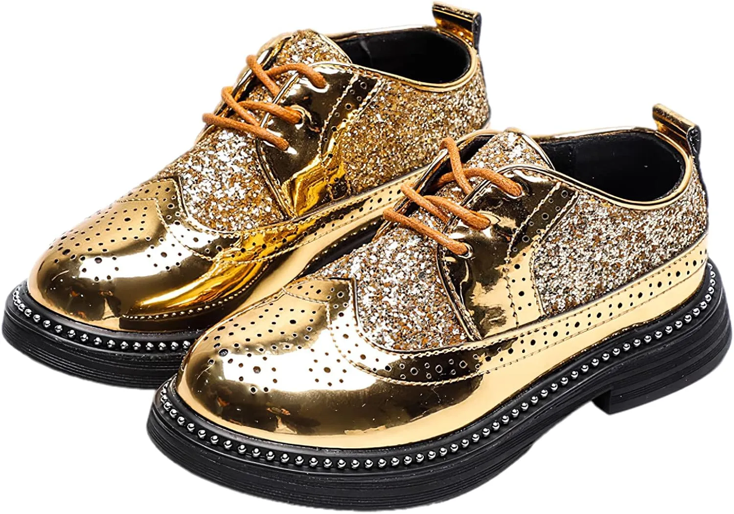 rismart Shiny Sequin Lace-up Oxfords for Boys & Girls Wingtip Brogue Dress Shoes for School Wedding Birthday Party