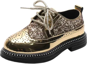 rismart Shiny Sequin Lace-up Oxfords for Boys & Girls Wingtip Brogue Dress Shoes for School Wedding Birthday Party