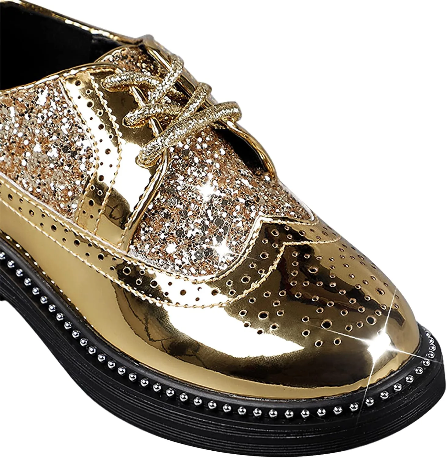 rismart Shiny Sequin Lace-up Oxfords for Boys & Girls Wingtip Brogue Dress Shoes for School Wedding Birthday Party