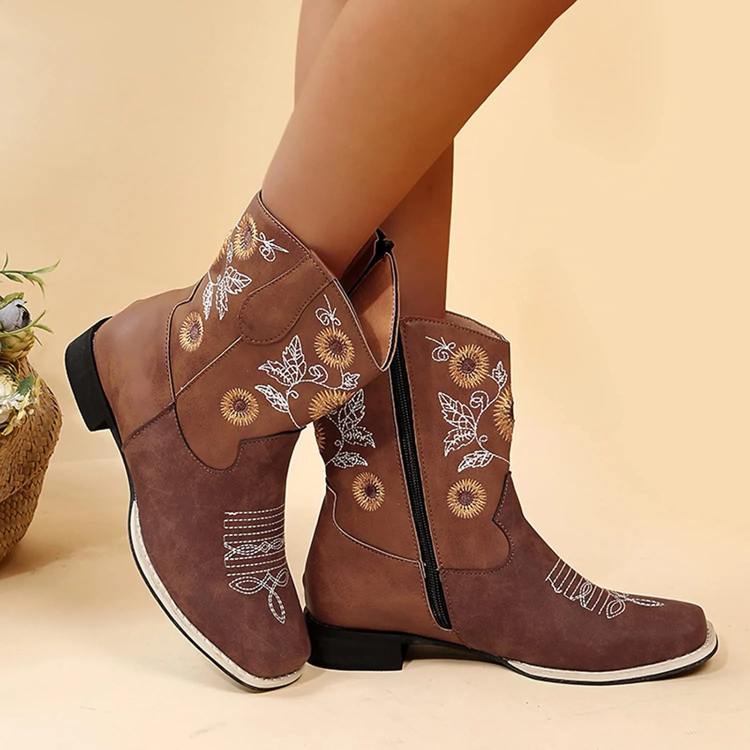 SBGMoSJ Ankle Boots for Women No Heel Wide Width Booties for Women Low Heel Ankle Boots for Women Size 9.5 Wide Womens Fall Ankle Boots Low Heel Womens Western Boots Wide Width