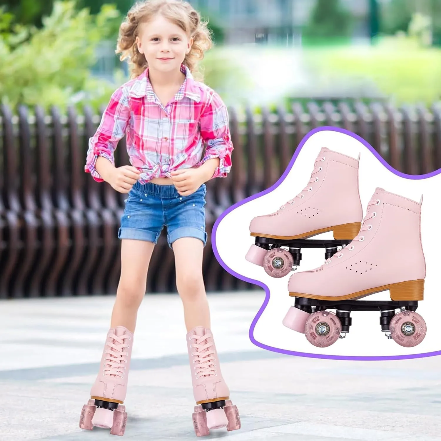 SilverTree Roller Skates for Women and Girls PU Leather High-top Adult Roller Derby Skate Wheels Light Up Roller Skates Four-Wheel Shiny Roller Skate