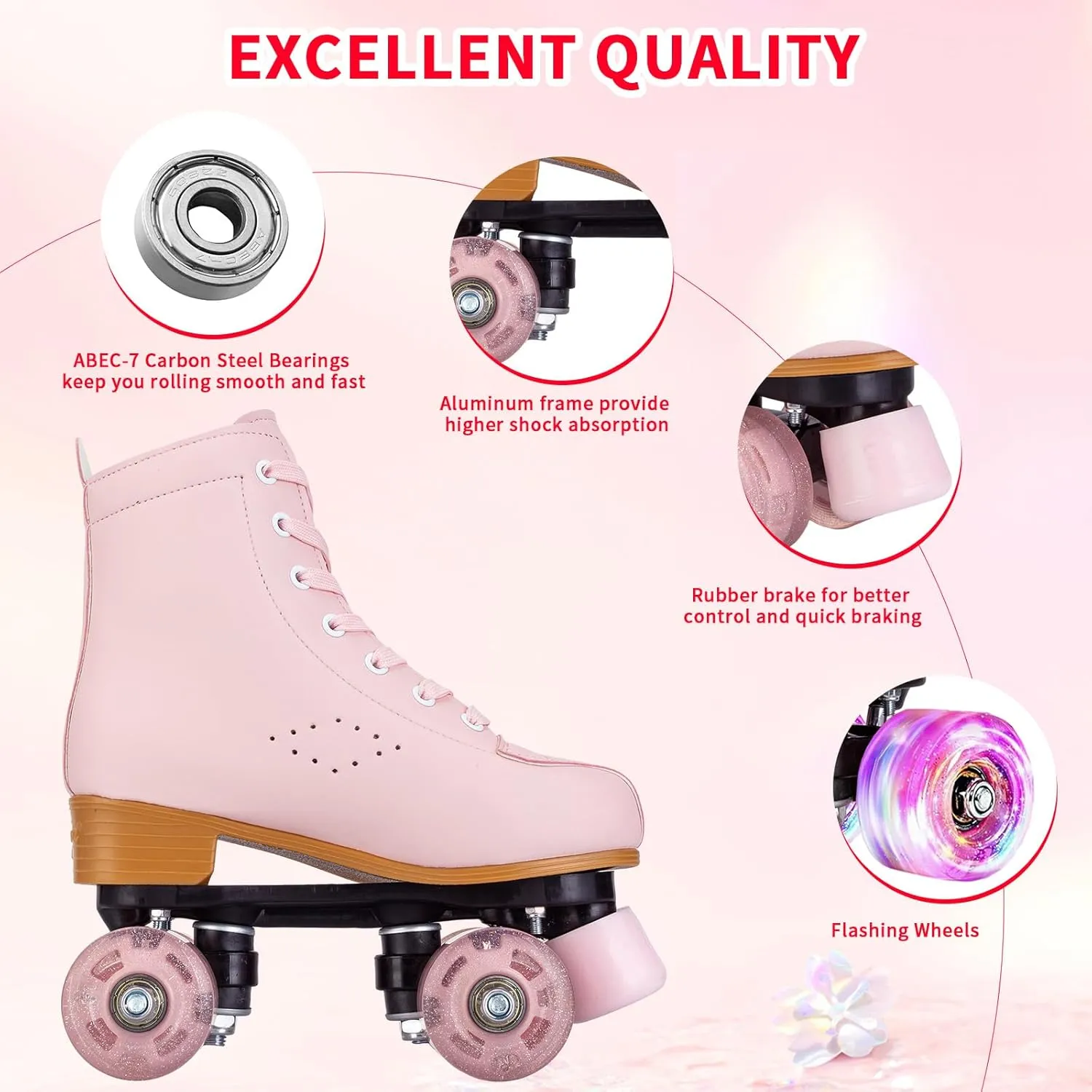 SilverTree Roller Skates for Women and Girls PU Leather High-top Adult Roller Derby Skate Wheels Light Up Roller Skates Four-Wheel Shiny Roller Skate