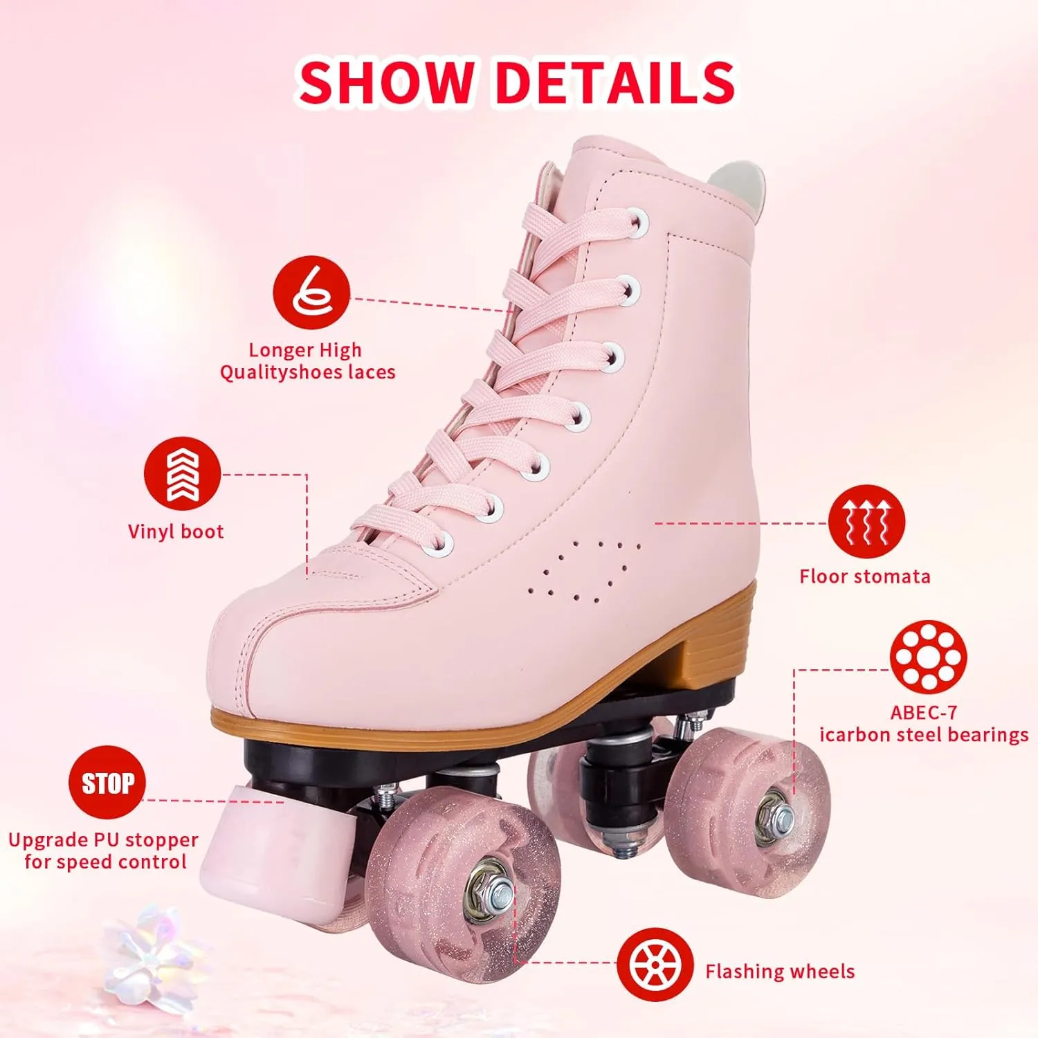 SilverTree Roller Skates for Women and Girls PU Leather High-top Adult Roller Derby Skate Wheels Light Up Roller Skates Four-Wheel Shiny Roller Skate