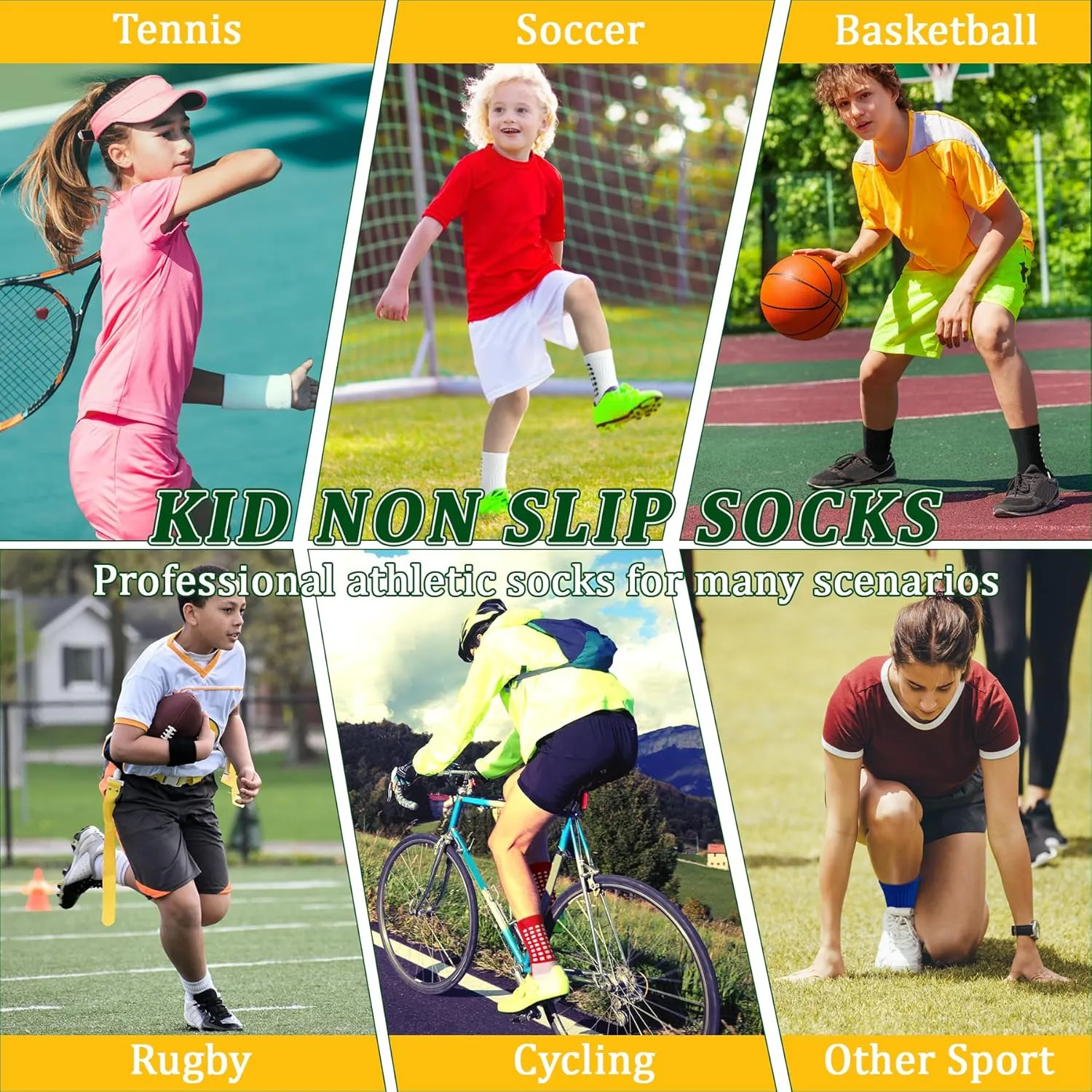 SkiBeaut Kids Soccer Grip Athletic Socks, 4 Pack Anti Skid Football Youth Grippy Slipper Socks for Youth Boy Girl 4-16 Years