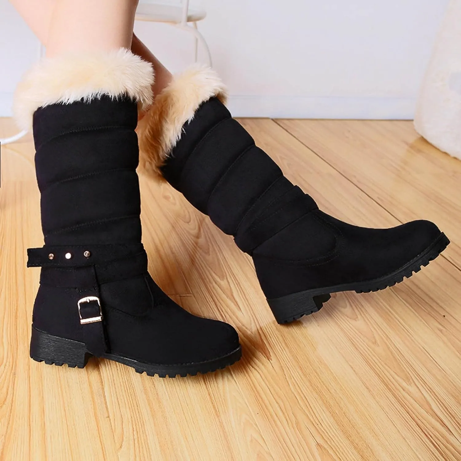 Snow Boots For Women Fur Boots Fashion Classic High Top Warm Padded Zipper Low Heel Round Toe Women's Snow Boots