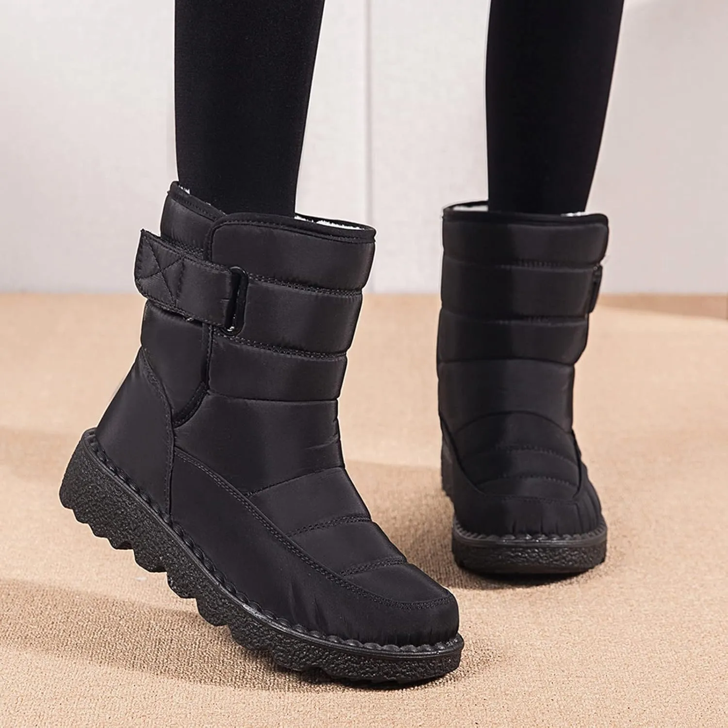 Snow Boots for Womens Winter Shoes - Womens Warm Fur Lining Mid Calf Boots Women Anti Slip Waterproof Buckle Strap Ankle Comfortable Outdoor Boot Platform Short Booties Walking Shoes