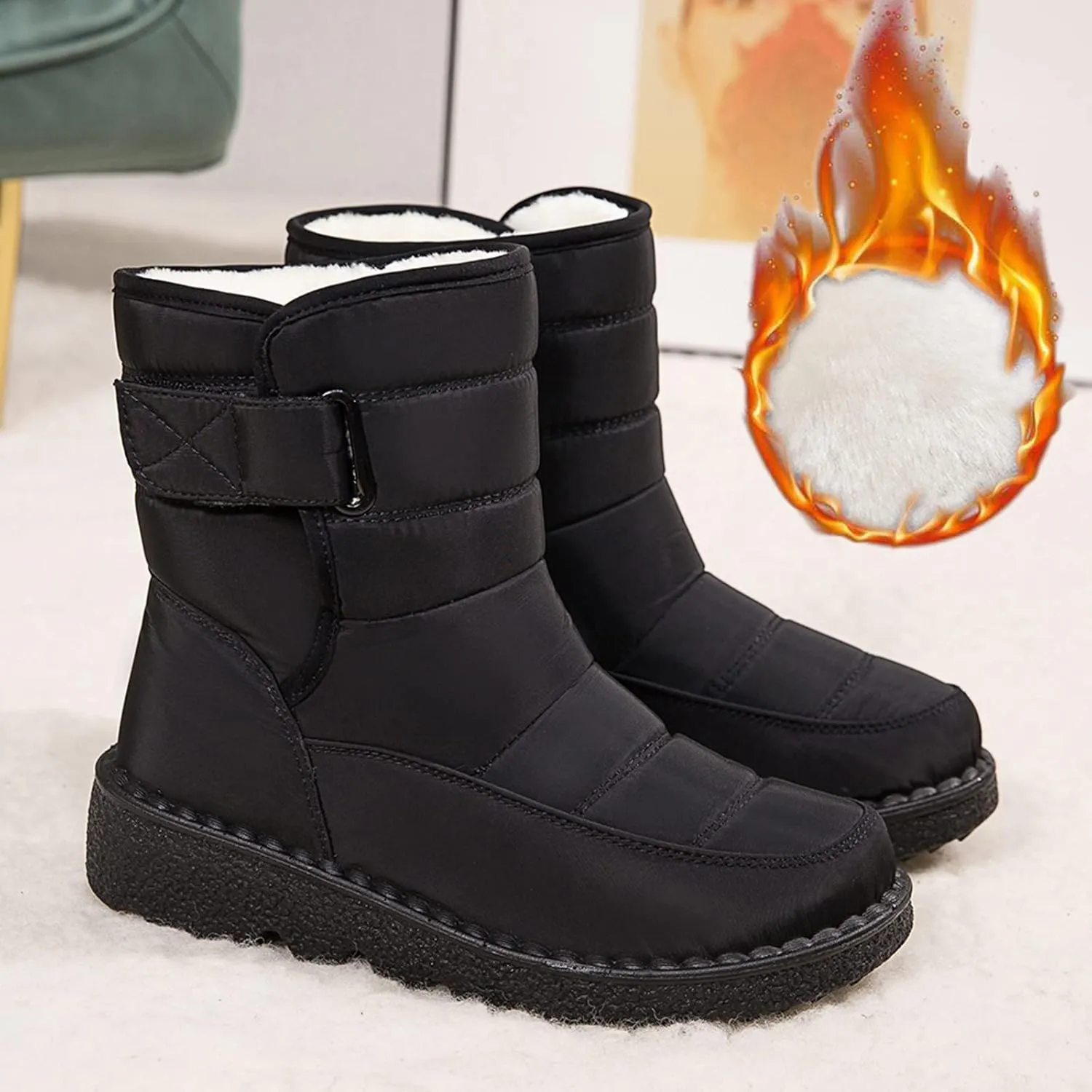 Snow Boots for Womens Winter Shoes - Womens Warm Fur Lining Mid Calf Boots Women Anti Slip Waterproof Buckle Strap Ankle Comfortable Outdoor Boot Platform Short Booties Walking Shoes