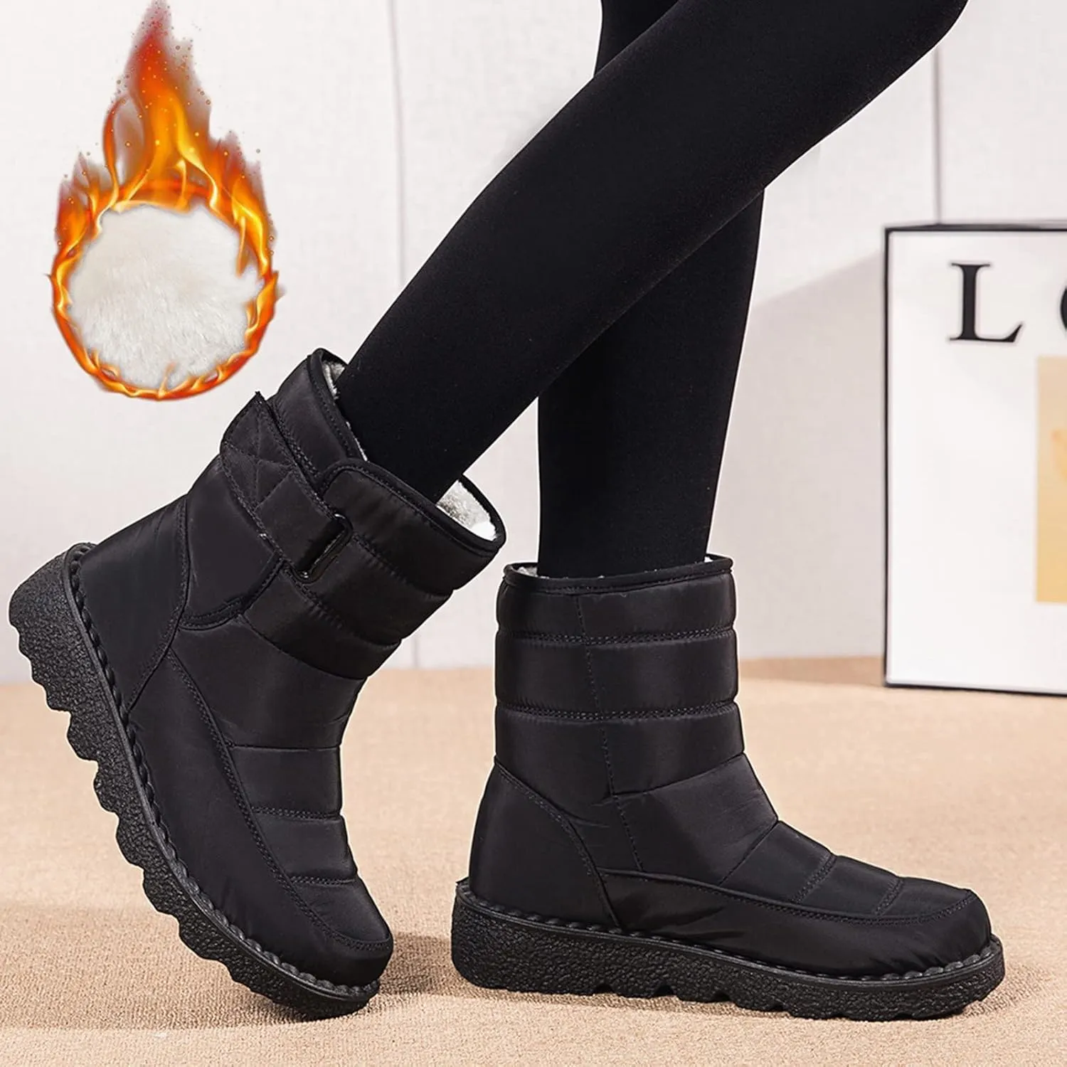 Snow Boots for Womens Winter Shoes - Womens Warm Fur Lining Mid Calf Boots Women Anti Slip Waterproof Buckle Strap Ankle Comfortable Outdoor Boot Platform Short Booties Walking Shoes