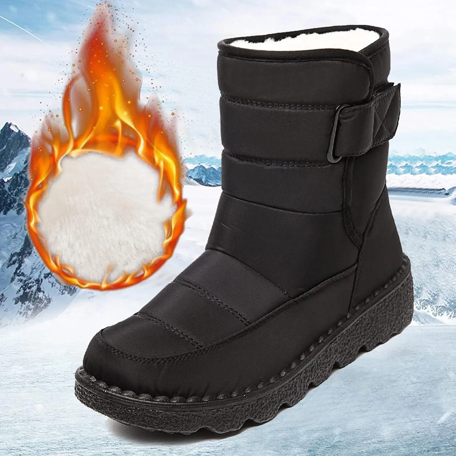 Snow Boots for Womens Winter Shoes - Womens Warm Fur Lining Mid Calf Boots Women Anti Slip Waterproof Buckle Strap Ankle Comfortable Outdoor Boot Platform Short Booties Walking Shoes