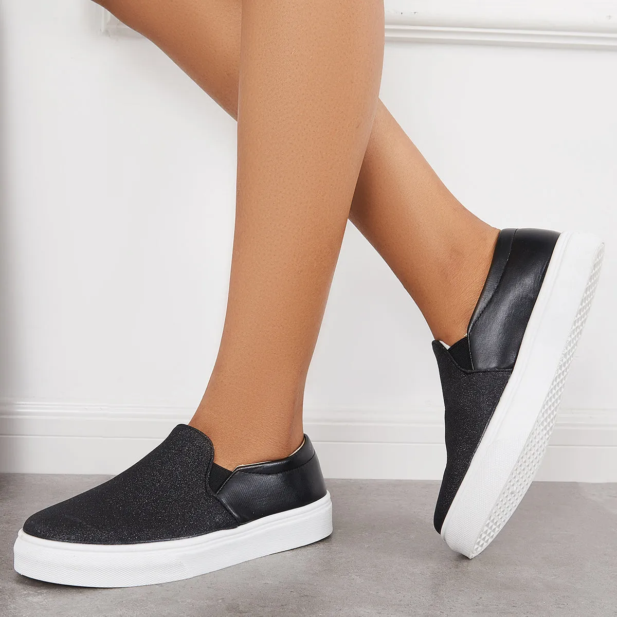 Sohiwoo  Women Shiny Slip on Flat Loafers Low Top Walking Sneakers