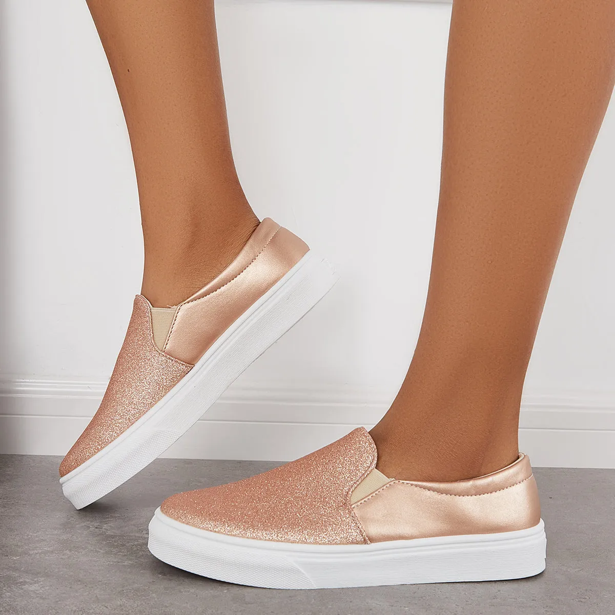Sohiwoo  Women Shiny Slip on Flat Loafers Low Top Walking Sneakers