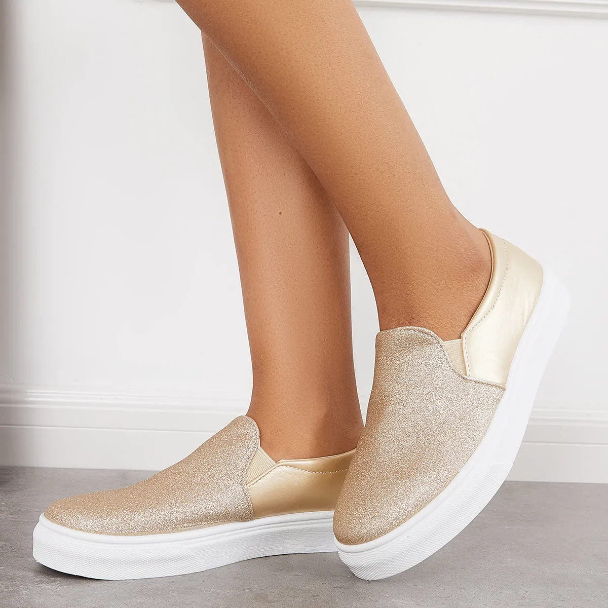 Sohiwoo  Women Shiny Slip on Flat Loafers Low Top Walking Sneakers