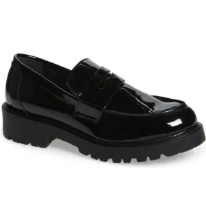 Steve Madden Lotto Black Leather Retro Lug Sole Low Chunky Heel Penny Loafer (8.5, BLACK)