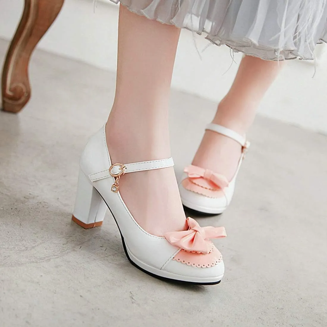 VOKLIN Women's Girls Lolita Ankle Strap Mary Jane Pumps Sweet Bow Platform Block High Heel Oxford Dress Shoes