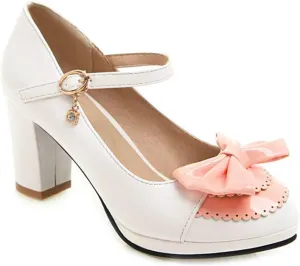 VOKLIN Women's Girls Lolita Ankle Strap Mary Jane Pumps Sweet Bow Platform Block High Heel Oxford Dress Shoes