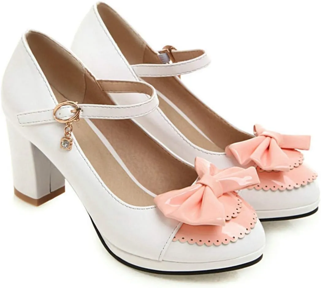 VOKLIN Women's Girls Lolita Ankle Strap Mary Jane Pumps Sweet Bow Platform Block High Heel Oxford Dress Shoes