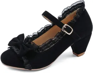 VOKLIN Women's Girls Lolita Low Heel Mary Jane Shoes Sweet Bow Lace Ankle Strap Princess Oxford Dress Pumps