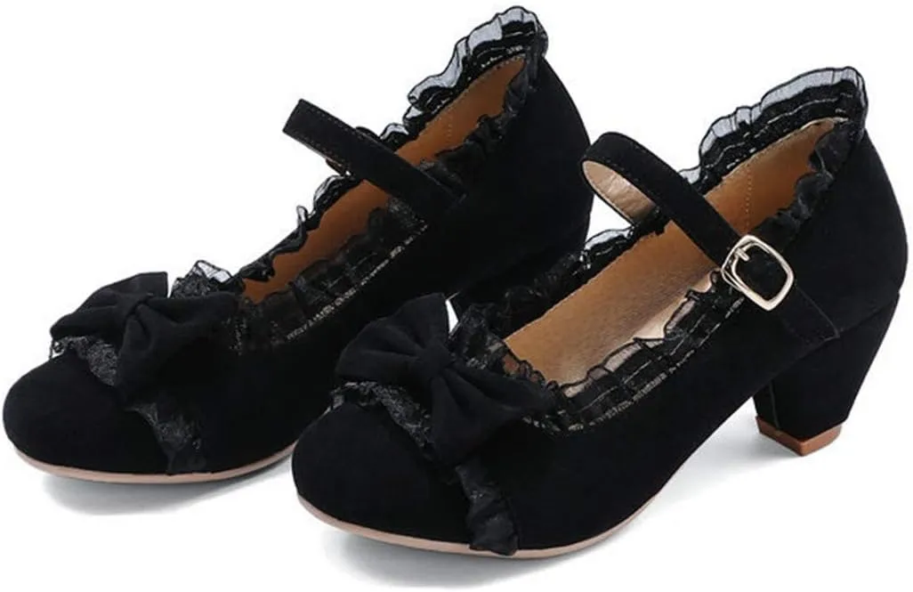 VOKLIN Women's Girls Lolita Low Heel Mary Jane Shoes Sweet Bow Lace Ankle Strap Princess Oxford Dress Pumps