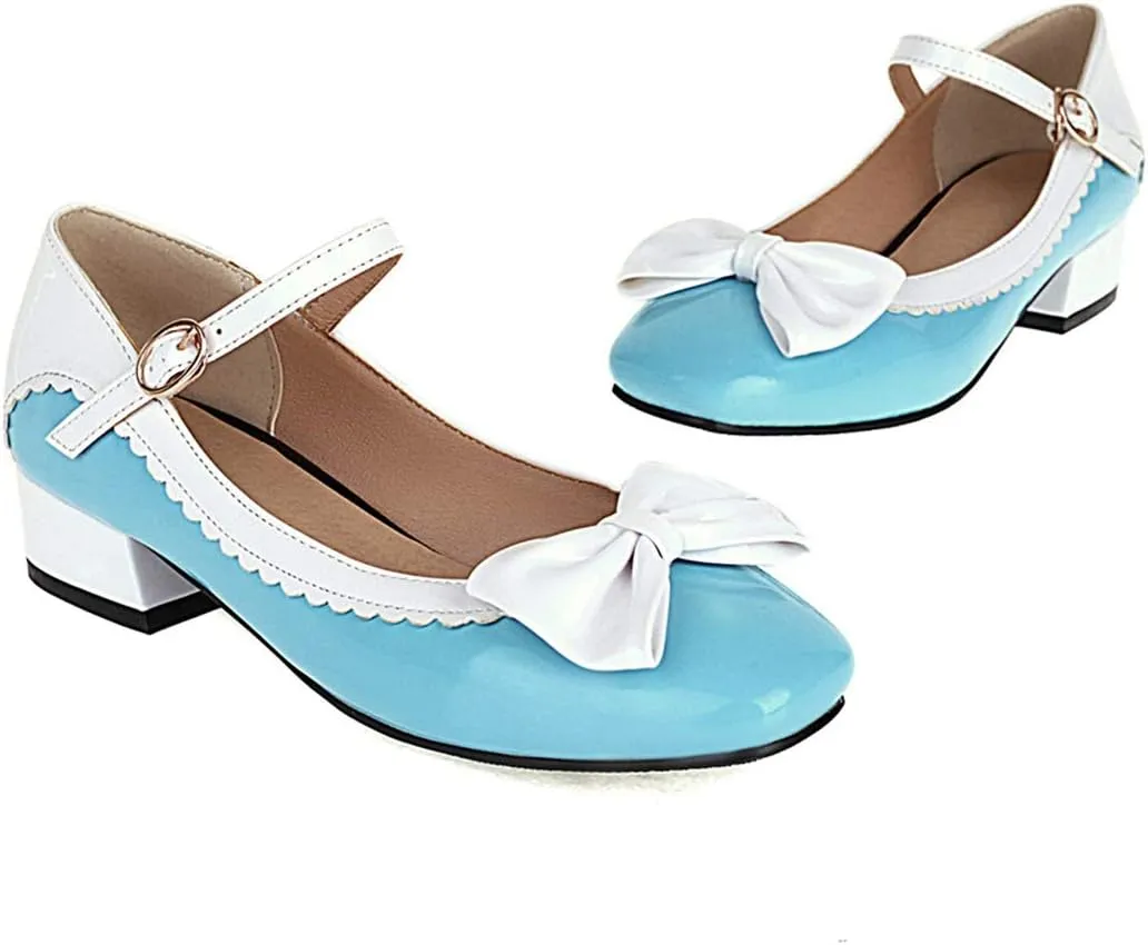 VOKLIN Women's Girls Lolita Mary Jane Flat Shoes Sweet Bow Square Toe Ankle Strap Low Heel Oxford Dress Pumps