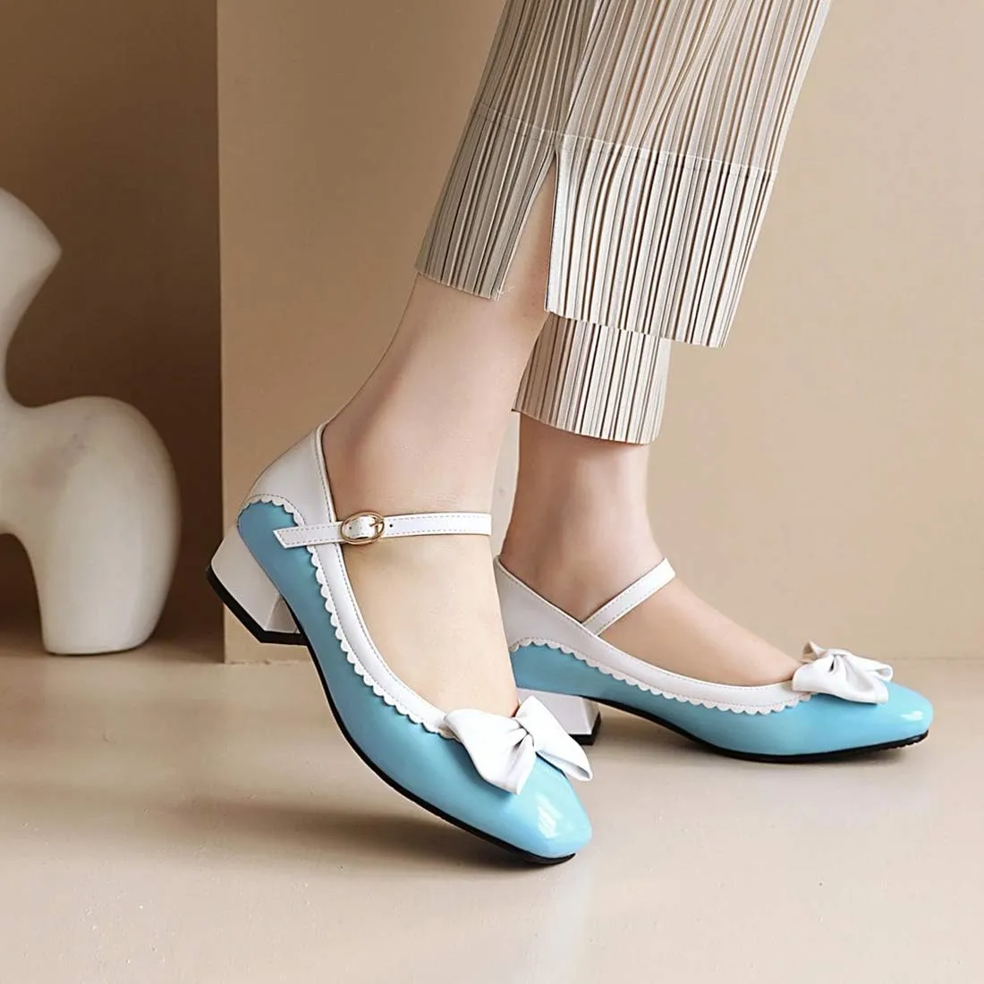 VOKLIN Women's Girls Lolita Mary Jane Flat Shoes Sweet Bow Square Toe Ankle Strap Low Heel Oxford Dress Pumps