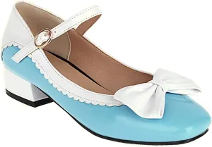 VOKLIN Women's Girls Lolita Mary Jane Flat Shoes Sweet Bow Square Toe Ankle Strap Low Heel Oxford Dress Pumps