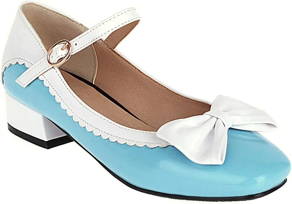 VOKLIN Women's Girls Lolita Mary Jane Flat Shoes Sweet Bow Square Toe Ankle Strap Low Heel Oxford Dress Pumps