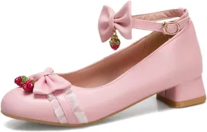 VOKLIN Women's Girls Lolita Mary Jane Flats Sweet Bow Ankle Strap Comfort Low Heel Princess Oxford Dress Shoes