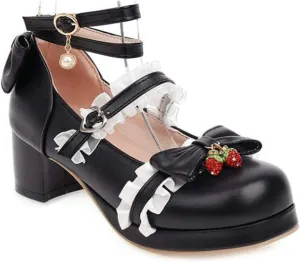 VOKLIN Women's Girls Lolita Mary Jane Pumps Princess Ankle Strap Mid Heel Sweet Bow Lace Oxford Dress Shoes