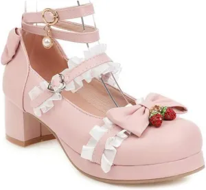 VOKLIN Women's Girls Lolita Mary Jane Pumps Princess Ankle Strap Mid Heel Sweet Bow Lace Oxford Dress Shoes