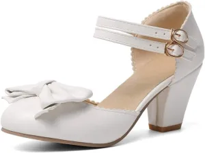 VOKLIN Women's Girls Lolita Mary Jane Pumps Sweet Bow Ankle Strap Chunky Mid Heel Oxford Dress Sandal Shoes