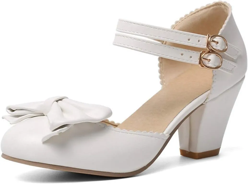 VOKLIN Women's Girls Lolita Mary Jane Pumps Sweet Bow Ankle Strap Chunky Mid Heel Oxford Dress Sandal Shoes