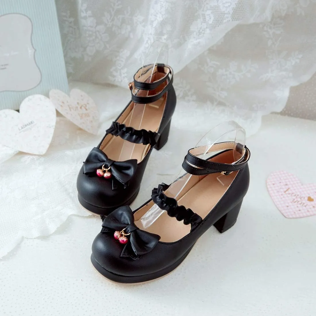 VOKLIN Women's Girls Lolita Mary Jane Pumps Sweet Bow Ankle Strap Platform Block Mid Heel Oxford Dress Shoes