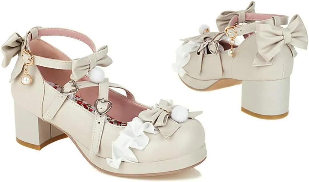 VOKLIN Women's Girls Lolita Mary Jane Pumps Sweet Bow Cross Ankle Strap Mid Heels Cosplay Oxford Dress Shoes