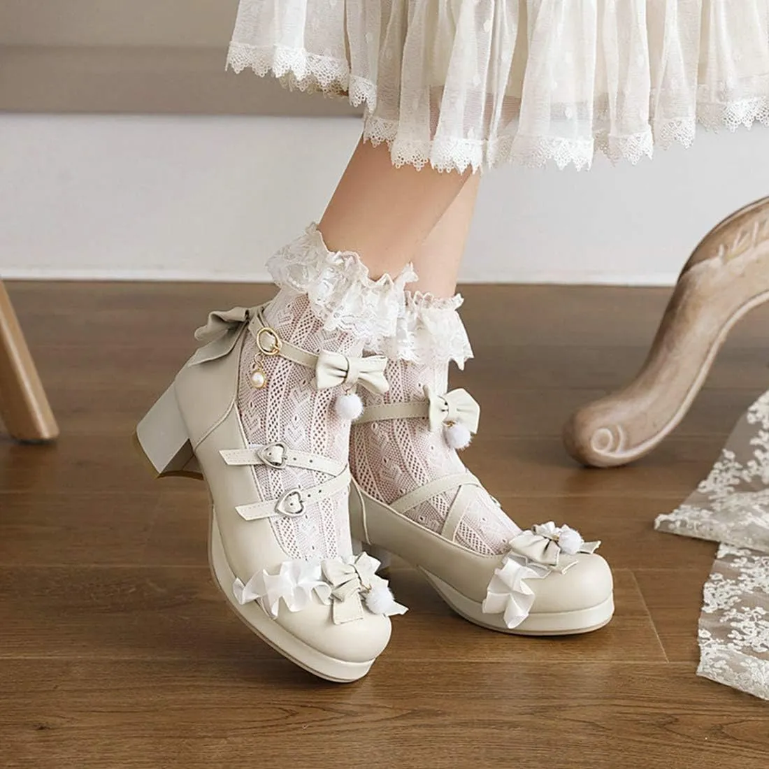 VOKLIN Women's Girls Lolita Mary Jane Pumps Sweet Bow Cross Ankle Strap Mid Heels Cosplay Oxford Dress Shoes