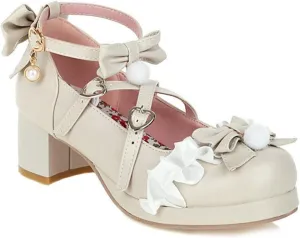 VOKLIN Women's Girls Lolita Mary Jane Pumps Sweet Bow Cross Ankle Strap Mid Heels Cosplay Oxford Dress Shoes