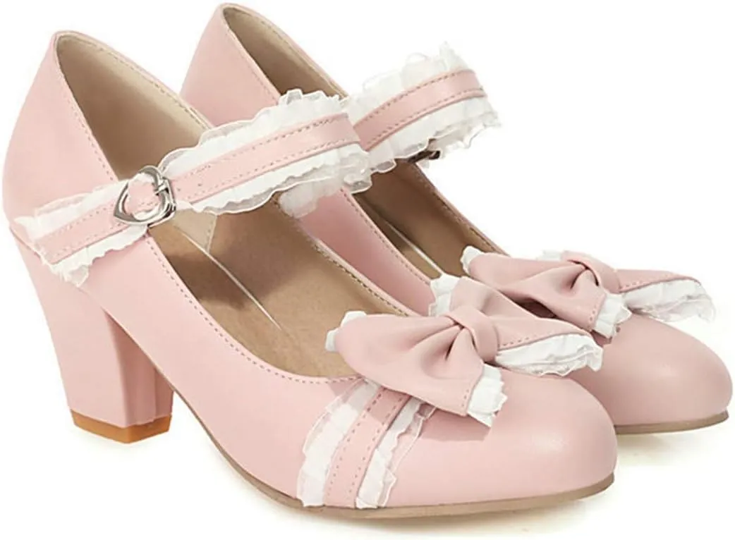 VOKLIN Women's Girls Lolita Mary Jane Pumps Sweet Bow Lace Chunky Block High Heel Princess Oxford Dress Shoes