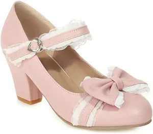 VOKLIN Women's Girls Lolita Mary Jane Pumps Sweet Bow Lace Chunky Block High Heel Princess Oxford Dress Shoes