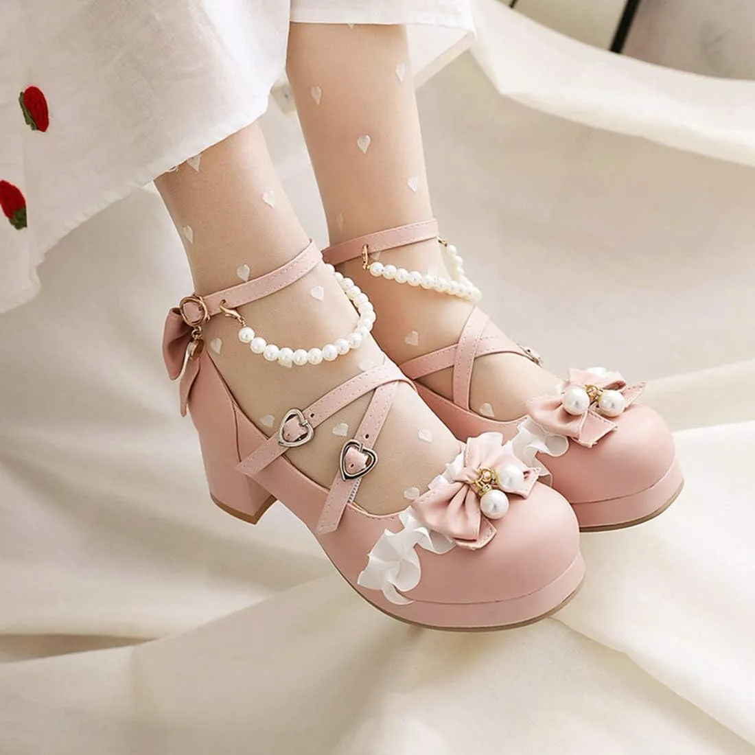 VOKLIN Women's Girls Lolita Mary Jane Pumps with Bow Cross Strap Mid Heel Princess Cosplay Oxford Dress Shoes