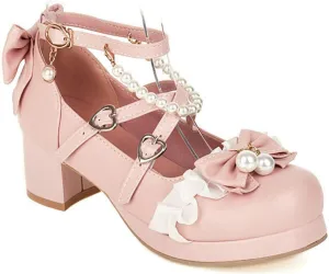 VOKLIN Women's Girls Lolita Mary Jane Pumps with Bow Cross Strap Mid Heel Princess Cosplay Oxford Dress Shoes