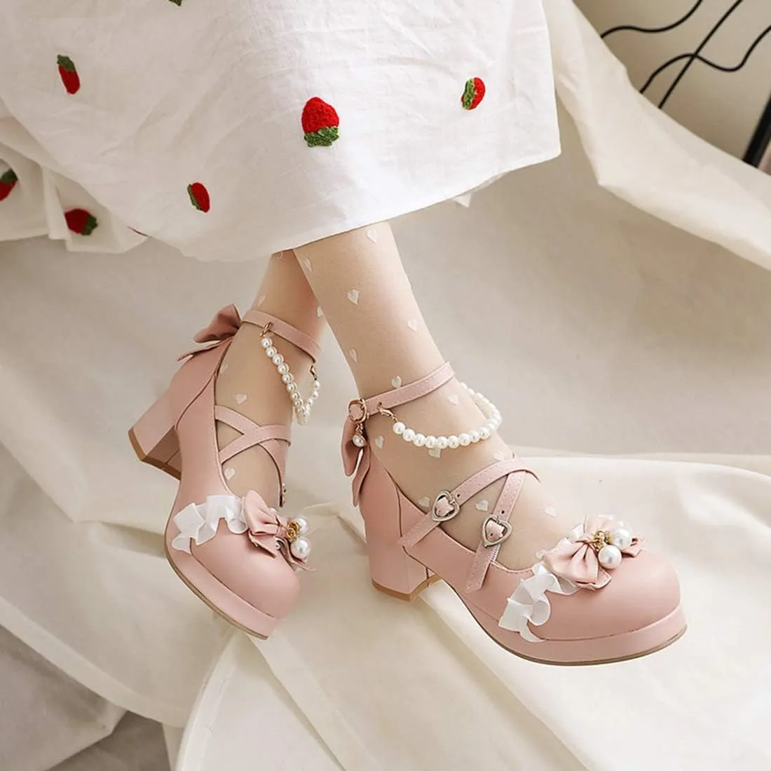 VOKLIN Women's Girls Lolita Mary Jane Pumps with Bow Cross Strap Mid Heel Princess Cosplay Oxford Dress Shoes